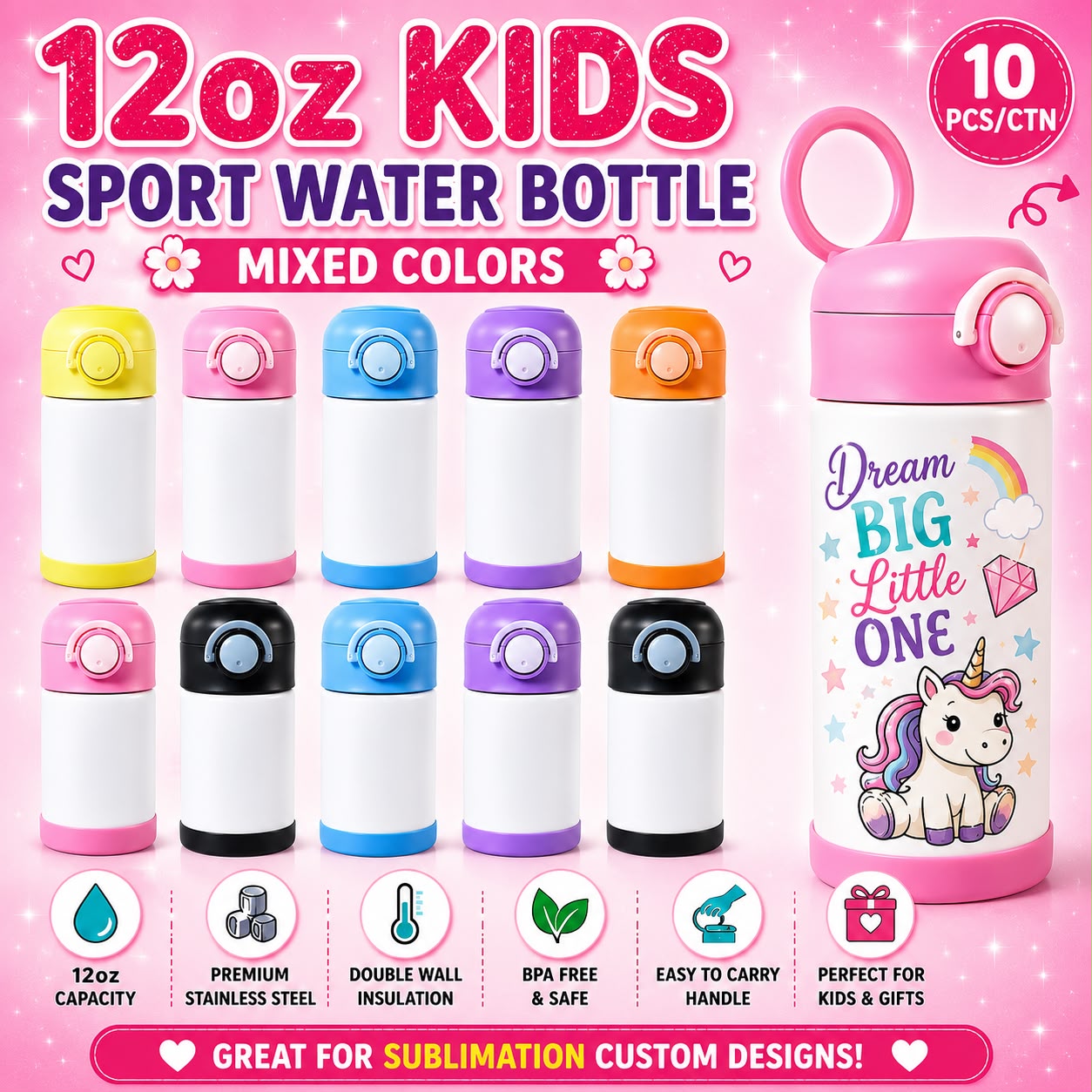 New 12oz Kids Sublimation Water Bottle Tumbler