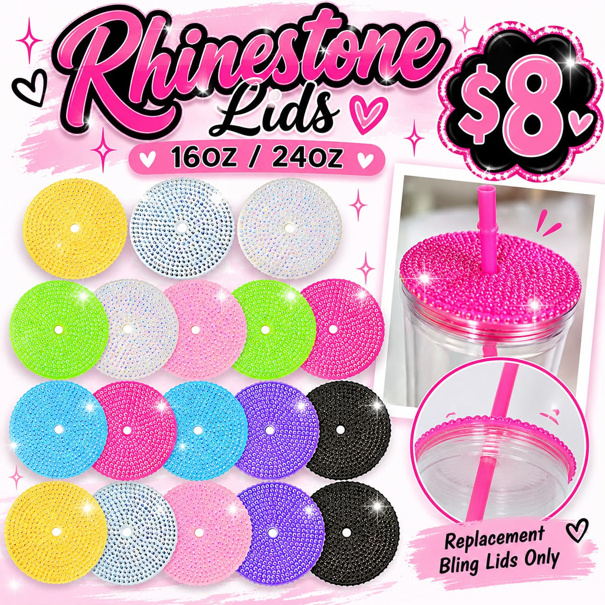 16oz / 24oz Rhinestone Lids + Matching Straw