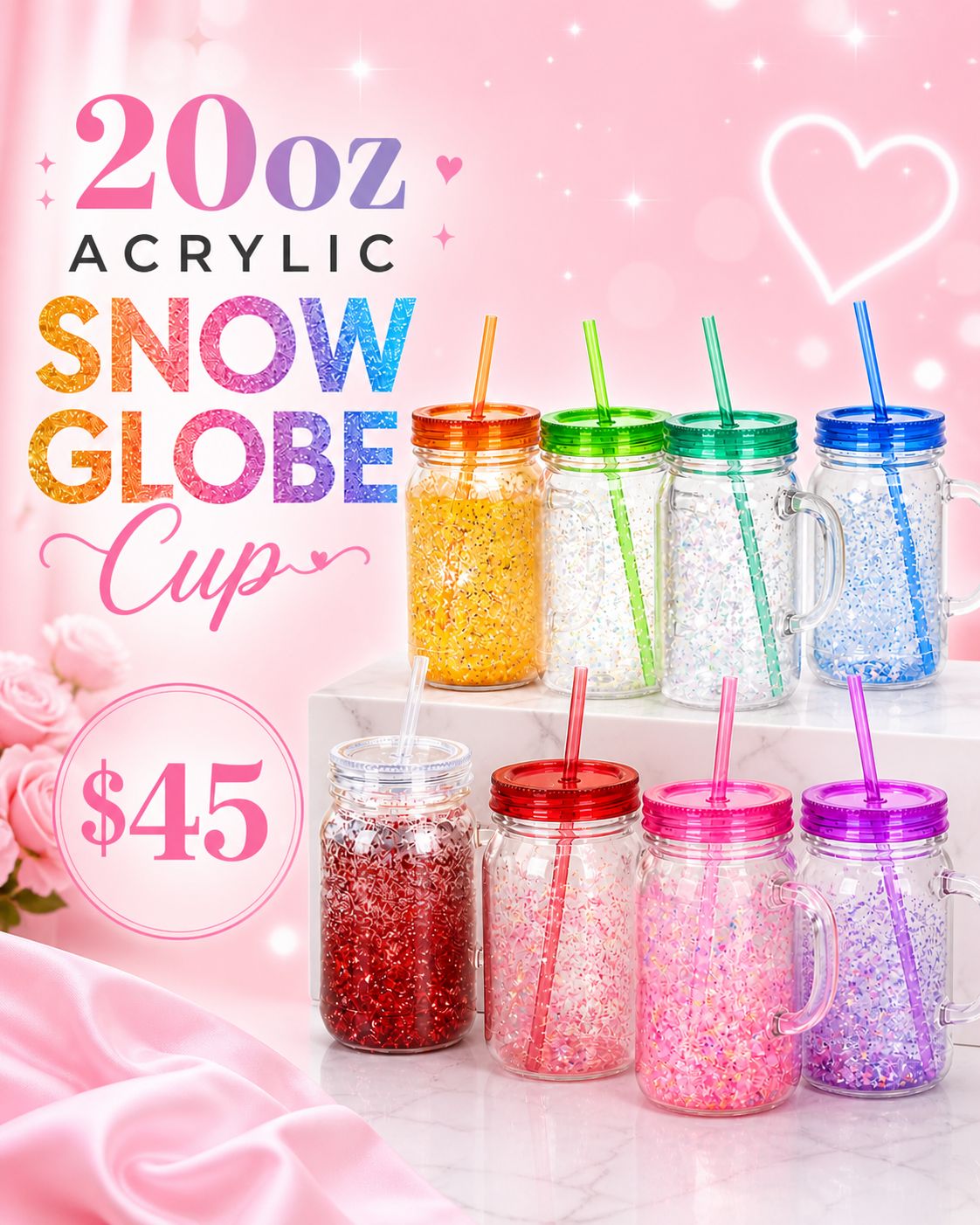 20oz Acrylic Colorful Snow Globe Lid & Straw Mason jar Cup
