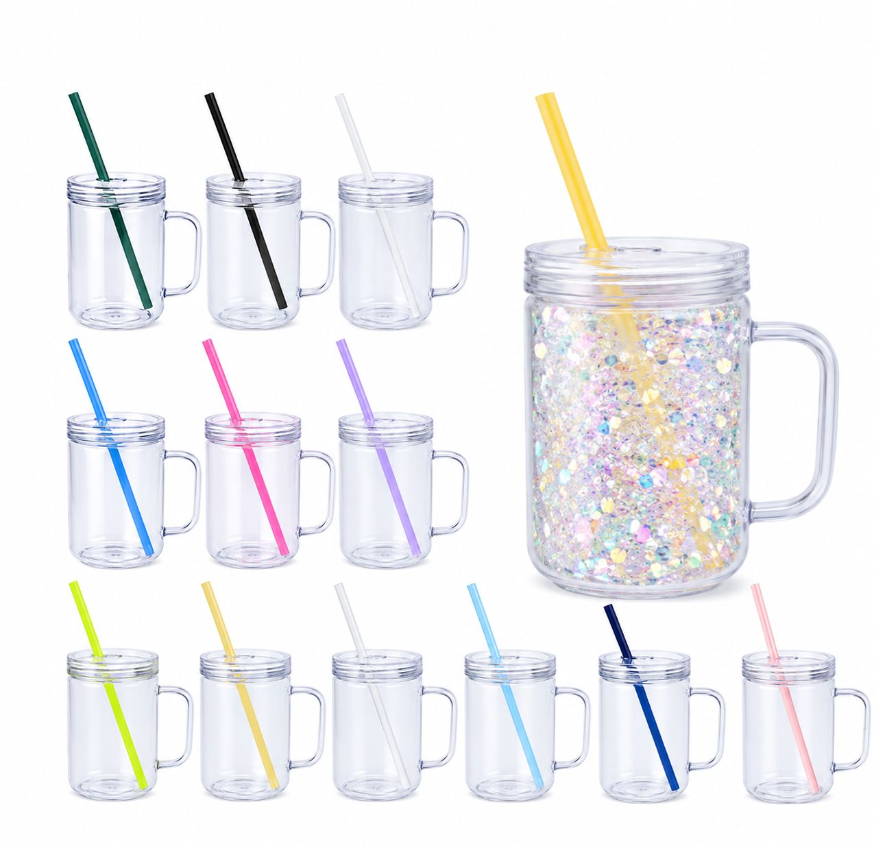 17oz Colorful Lid & Straw Acrylic Snow Globe Plastic Mugs
