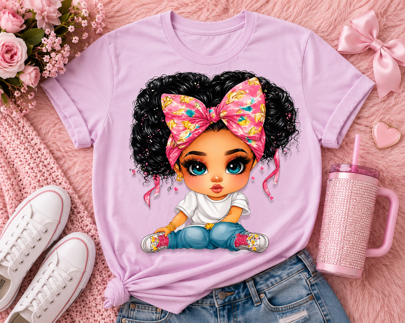 Multi-Color Bow Headband & White Shirt Girl