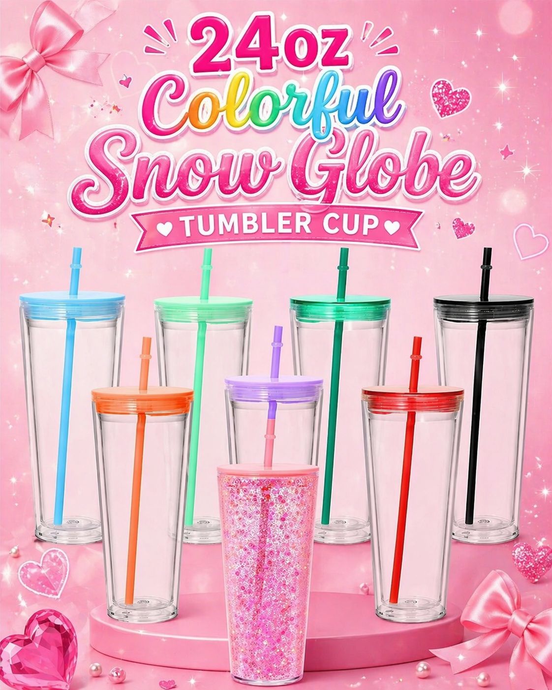 24oz Snow Globe Colorful Lid Tumbler Cup