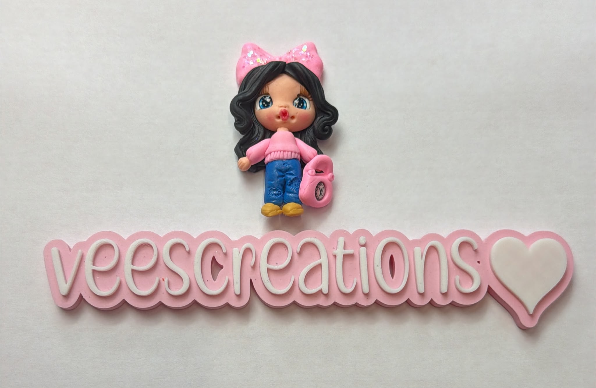 #8 Brand Pink Bow Black Hair Girl Clay Doll