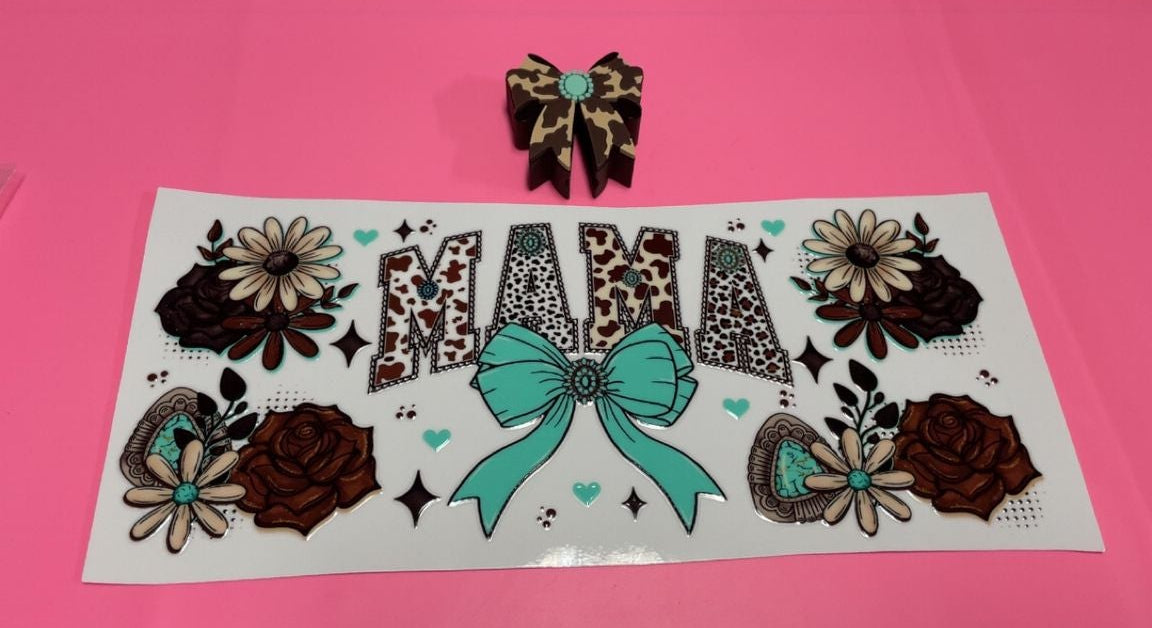 Brown & Teal Mama Ribbon Decal & Matching Straw Topper