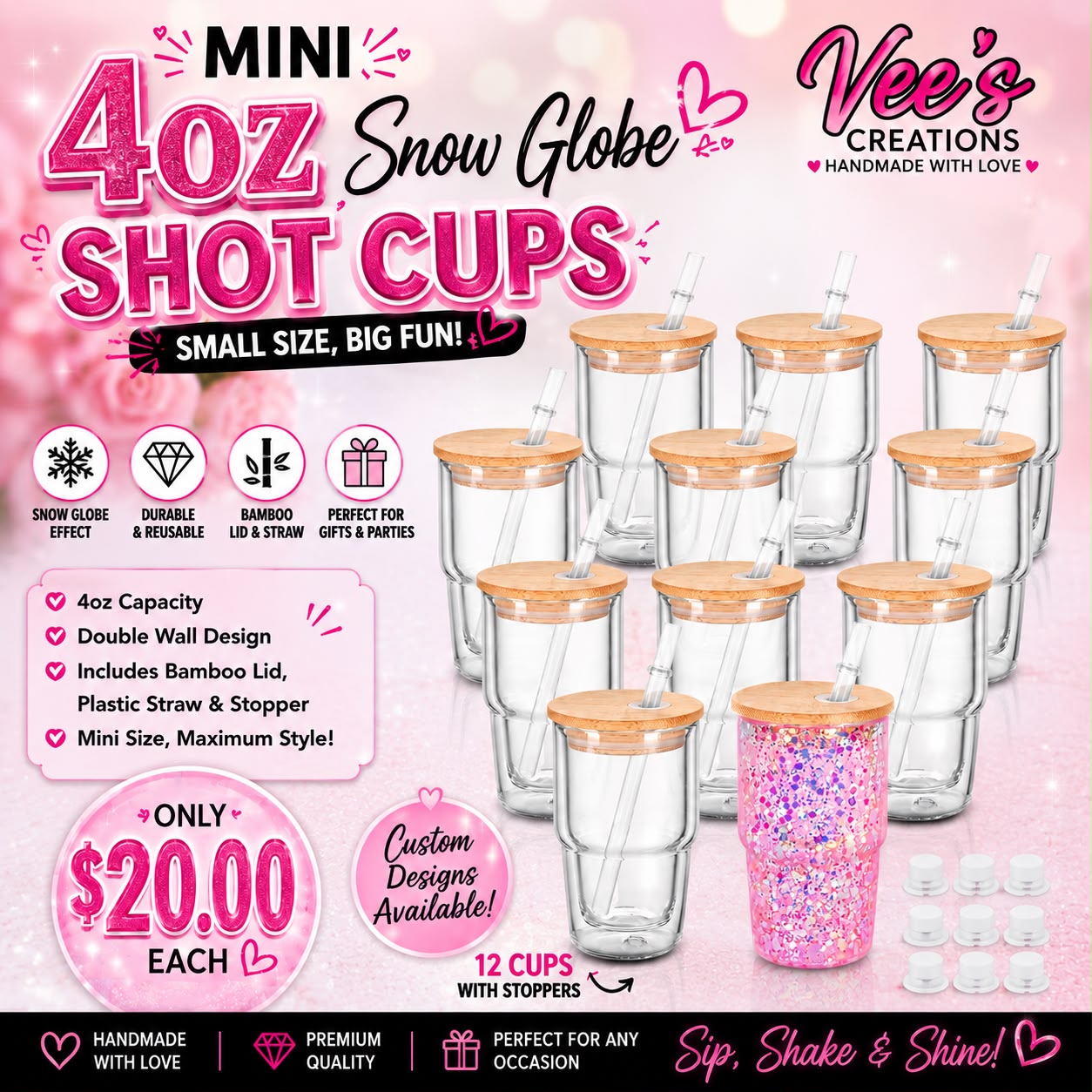 New 4oz Mini Shot Glass Snow Globe Cup