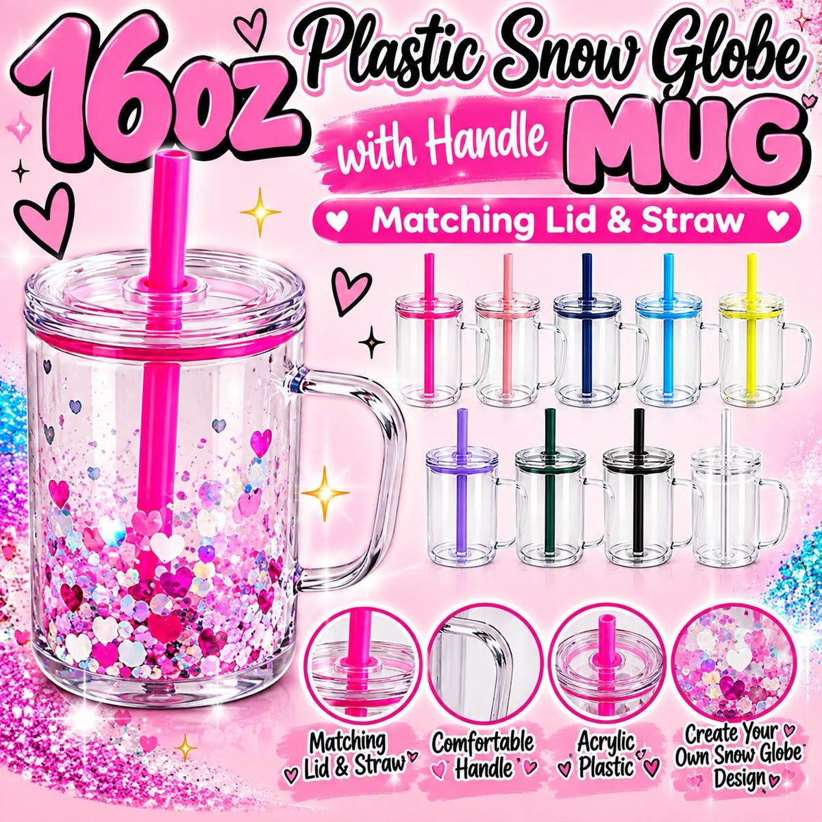 New 16oz Colorful Lid & Straw Mug Snow Globe