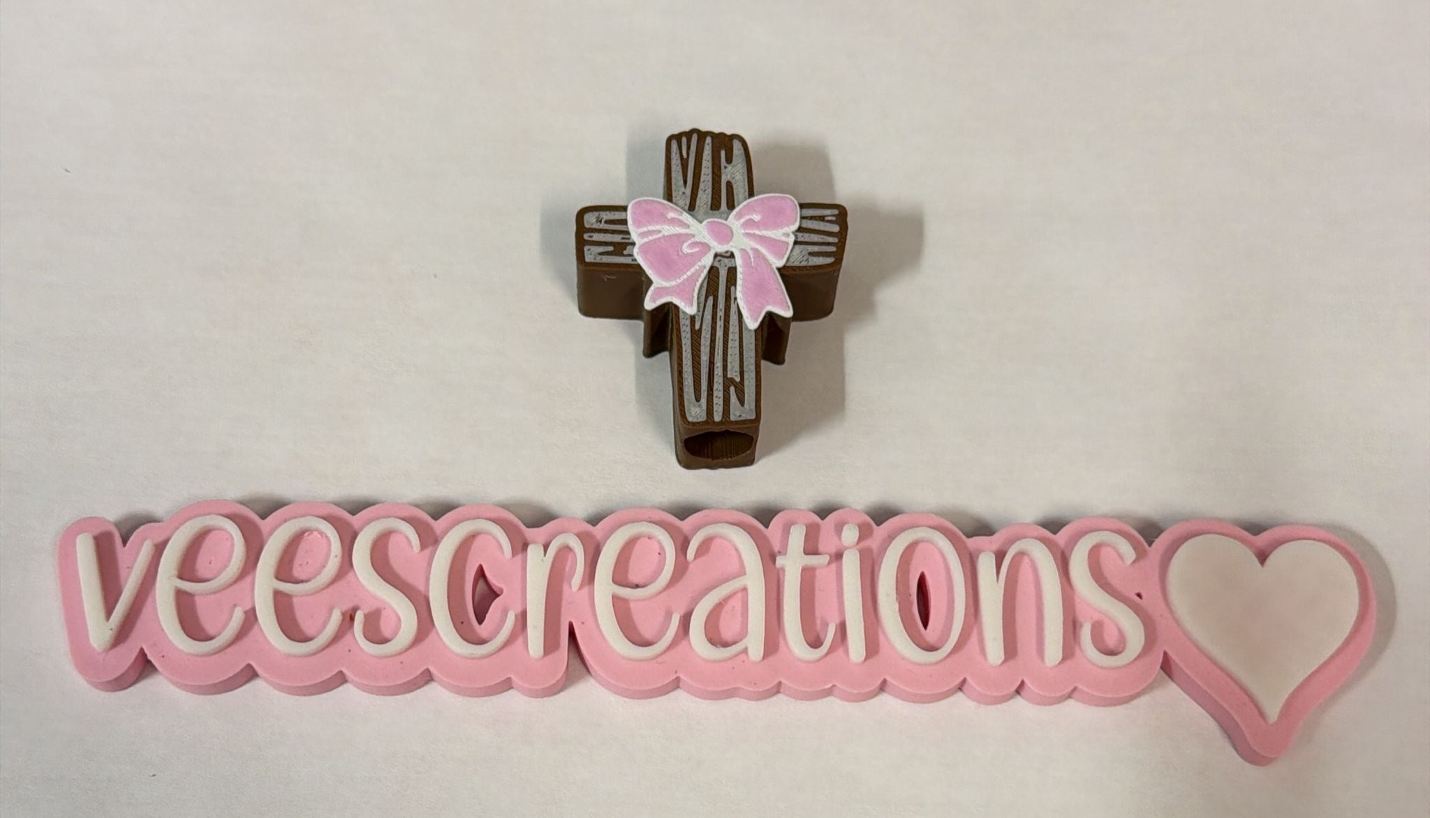 #54 Pink Ribbon & Brown Cross 3D Straw Topper
