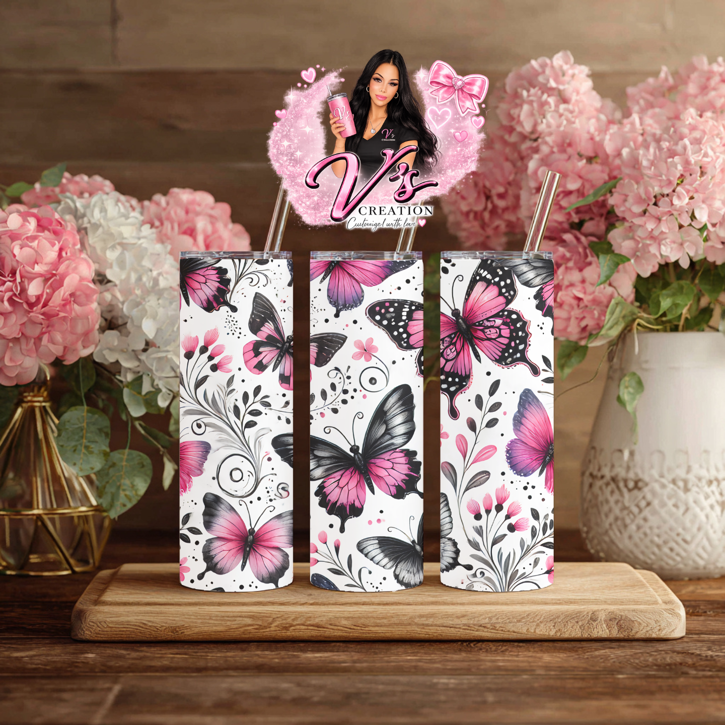 Black & Hot Pink Butterfly Tumbler