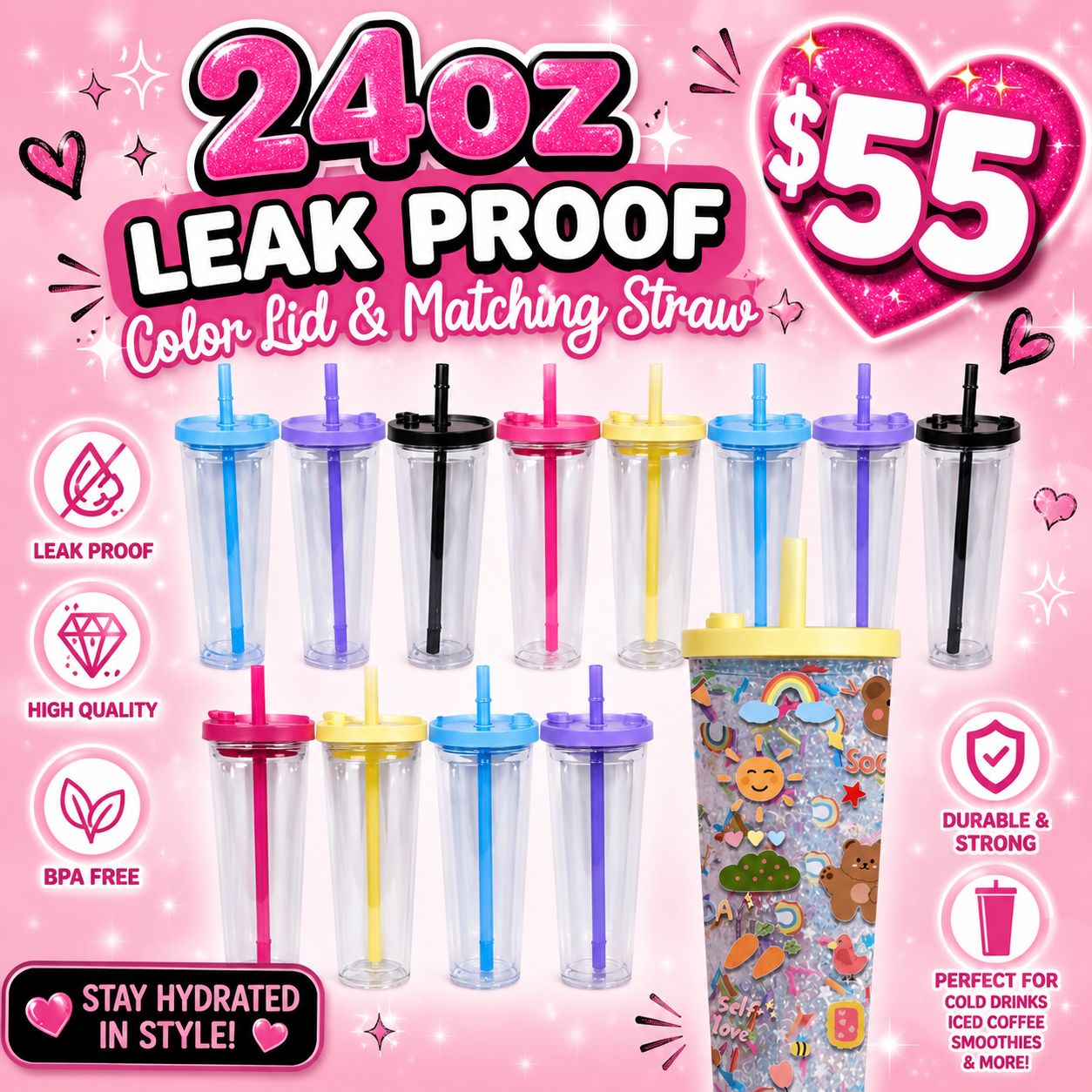 24oz Leak Proof Color Lid & Straw Acrylic Snow Globe Cup